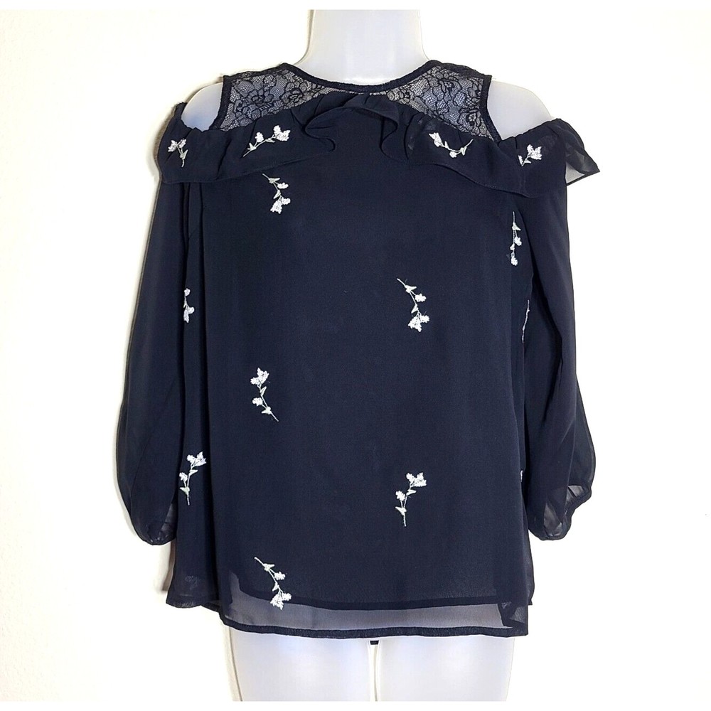 Lucky Brand Top Size S Black Floral Embroidered Lacey Cold Shoulder Ruffle Sheer